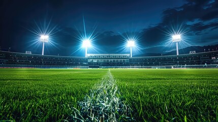Empty grass field and illuminated outdoor soccer stadium - AI Generated - obrazy, fototapety, plakaty