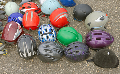 Used Ski Helmets Head Protection Bicycle Protective Gear at Flea Market
