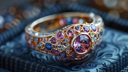 A close-up view of an antique ring showcases the intricate beauty of its design, with sparkling gemstones set against polished metal. 