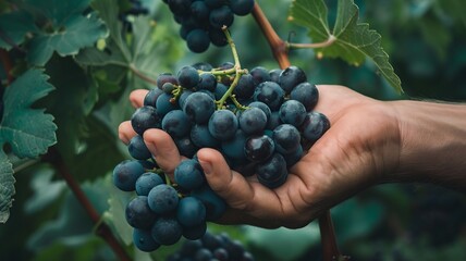 A hand holding Malbec grapes in the vineyard.