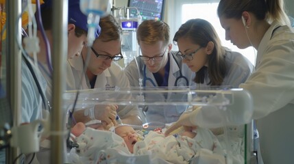 A team of doctors and nurses huddle around a premature baby in an incubator, one adjusting an IV drip while another checks vital signs on a monitor.