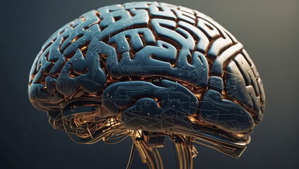 Brain 3D with circuit board texture Digital concept circuit board background, Generative AI