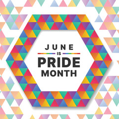 June is pride month -Text in hexagon frame with colorful rainbow triangles texture vector design