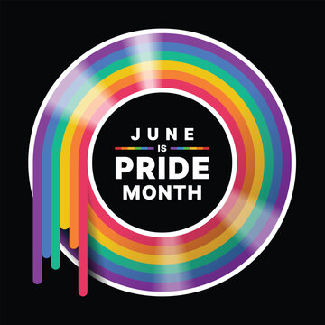 June is pride month - Text in circle rainbow pride flag dish frame vector design