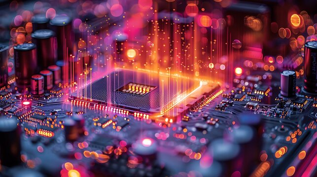 A panoramic view of a motherboard, visualized through a thermal camera lens, showing the intricate heat patterns that emerge during operation.