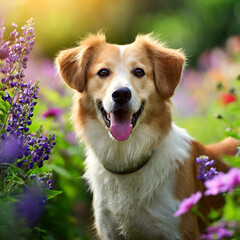 a puppy in a flower garden