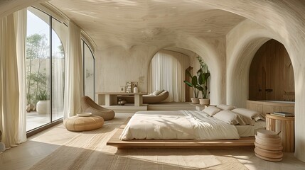 Modern Minimalist Bedroom Interior with Curved Walls and Wooden Elements
