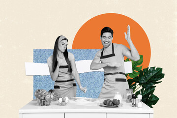 Composite photo collage of happy couple dance cook diner bake croissants love kitchenware receipt...