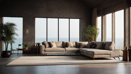 Fototapeta premium Modern style room with sofa, table, lamp and plant vase, Generative AI