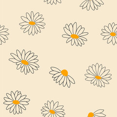 Seamless pattern with daisy, chamomile on beige background. Hand drawn simple background. Floral print design for textiles, wrapping paper, gift paper, fabric.