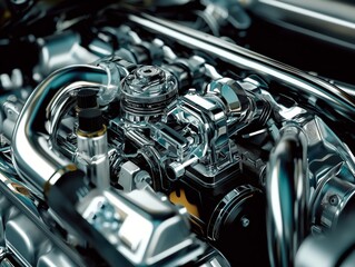 High-detail view of a contemporary polished car engine showcasing its complexity and mechanical precision.