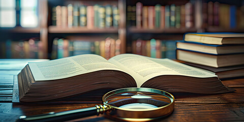 Magnifying glass on an open book on a wooden table in a library with space for text. Close-up