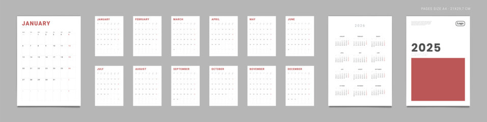 Set of 2025 Pages Monthly Calendar Planner Templates, Annual on2026, Cover with Place for Photo, Company Logo. Vector vertical calendar grid for wall or desk calendar for print. Week start on Monday