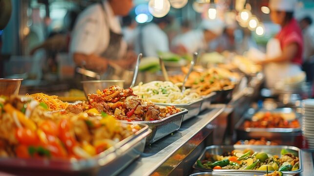 A blurry background image of a crowded food market showcasing the fusion of different cultures and flavors in the culinary world as chefs and food enthusiasts gather to share their .