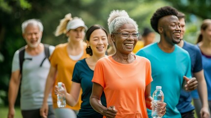 a diverse group of people, young and old, walking together in a park. a water bottle and wears...