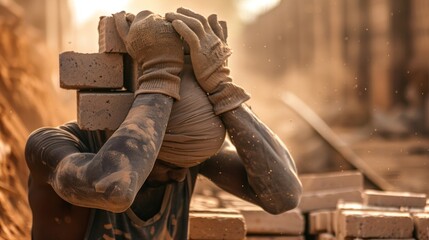 In the midst of a dusty construction site a builder pauses for a moment of respite wiping their...