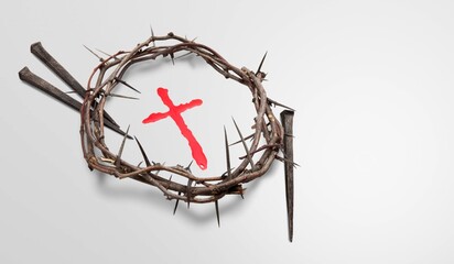 Jesus Crown of Thorns and nails with cross on desk - obrazy, fototapety, plakaty