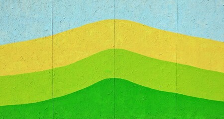 Oriented strand board painted with undulated lines. Colors are green, light green, yellow and light blue. Detail, background foor copy space.
