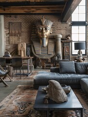 Egyptian Themed Living Room with Artifacts and Vintage Decor