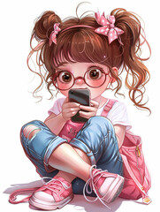 a cute girl with glasses sitting on the floor looking at her cell phone. - obrazy, fototapety, plakaty