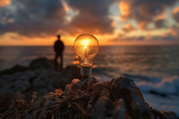Person witnessing a stunning sunset with a glowing light bulb symbolizing a brilliant idea