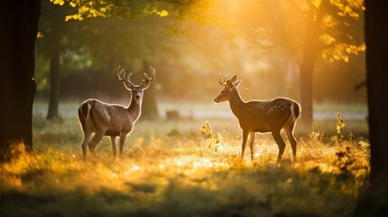 Two majestic deer standing peacefully side by side in a vibrant forest setting