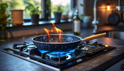 Black pan on gas stove, blue lighting, sleek countertops, modern decor, natural greenery outside, perfect for cooking or dining.generative ai - obrazy, fototapety, plakaty