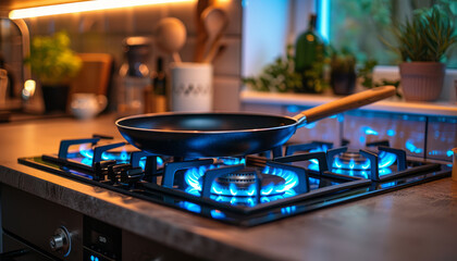 Obraz premium Black pan on gas stove, blue lighting, sleek countertops, modern decor, natural greenery outside, perfect for cooking or dining.generative ai
