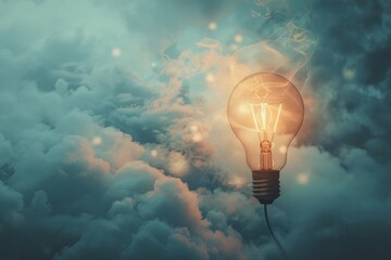 Glowing lightbulb rising amongst moody clouds, conceptualizing a great idea and the path to success