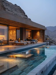 Modern Luxury Villa with Infinity Pool and Mountain View at Twilight