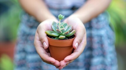 close-up of hands holding a small potted succulent, representing nurturing self-care and growth.