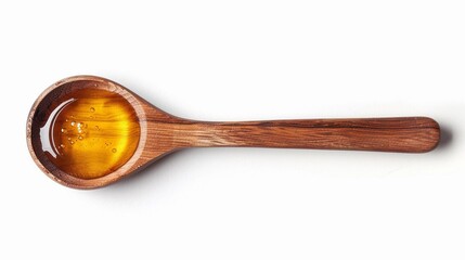 Top view of honey and wooden spoon isolated on white background