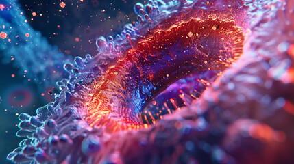 Detailed visualization of a virus entering a human cell, showing the viral envelope fusion - obrazy, fototapety, plakaty