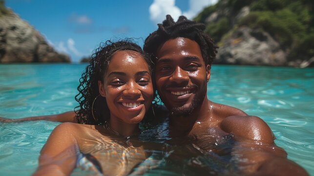 young beautiful african american couple on the beach making a selfie
