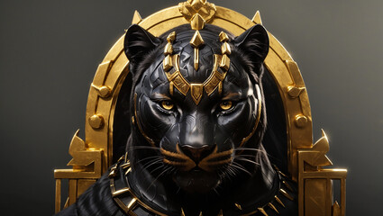 A black panther is sitting on a golden throne. The panther has a golden crown on its head and is looking at the viewer with its yellow eyes. The background is dark grey.

