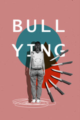 Creative abstract template collage of girl bullying cut knives cyber bully hating comment bizarre...