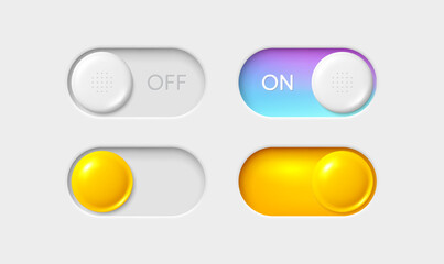 On and Off toggle switch buttons. Slider switch buttons set. Mobile app interface design. Toggle mode gradient and yellow buttons. Interface with active slide control. Vector illustration