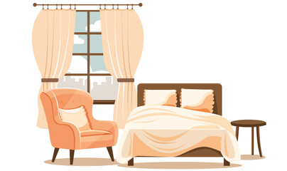 Home interior. Room, bedroom, for relaxation. Window overlooking the city, bedside furniture, table,
easy chair, double bed. Transparent background.
