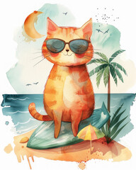 Elegante e stiloso gatto  soffice con occhiali da sole in posa tra vibrante flora tropicale della spiaggi, illustrxione estiva scontornabile su sfondo bianco e in stile acquerello,  - obrazy, fototapety, plakaty