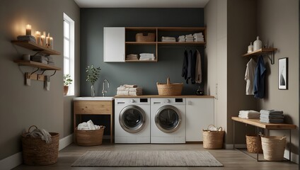 Contemporary Laundry Room with Chic Storage Solutions. Home Interior Design. Home Renovation Concept Generative AI - obrazy, fototapety, plakaty