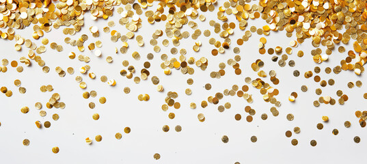 Golden confetti on white background