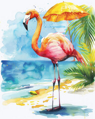 Elegante fenicottero   rosa  in stile acquerello in posa sulla spiaggia su sfondo bianco scontornabile  - obrazy, fototapety, plakaty