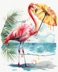 Elegante fenicottero   rosa  in stile acquerello in posa sulla spiaggia su sfondo bianco scontornabile  - obrazy, fototapety, plakaty