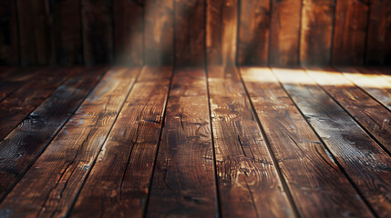 The magic of golden hour is captured in the beams of light streaming across weathered wooden...