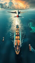 Obraz premium Stunning aerial view of a cargo ship and airplane, showcasing the beauty of logistics and travel over the ocean