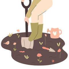 cute cartoon hand drawn character person gardening in the backyard with plants, pink flowers, worm, bird and ladybug. Springtime concept vector illustration