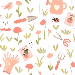 cute hand drawn springtime seamless vector pattern background illustration with flowers, gardening tools, worm, ladybugs, vegetable seeds, bird and grass