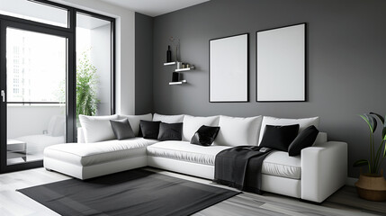 living room with a white couch and black pillows