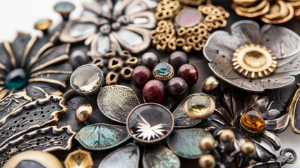A closeup of a necklace highlighting the beautiful combination of metalwork and gemstones created by local craftsmen. The variety of textures and shapes within the necklace add a unique .