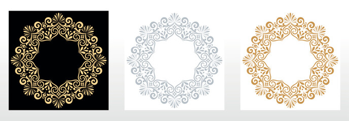 Set of decorative frames Elegant vector element for design in Eastern style, place for text. Floral black, gold and gray borders. Lace illustration for invitations and greeting cards - 792545730